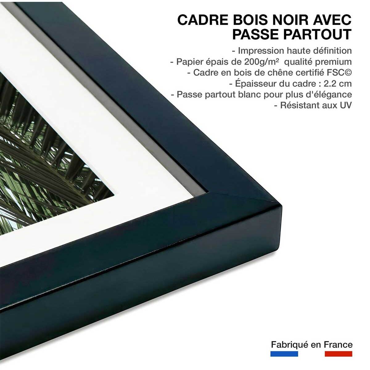 Poster palme bleue Affiche + cadre en bois - Noir