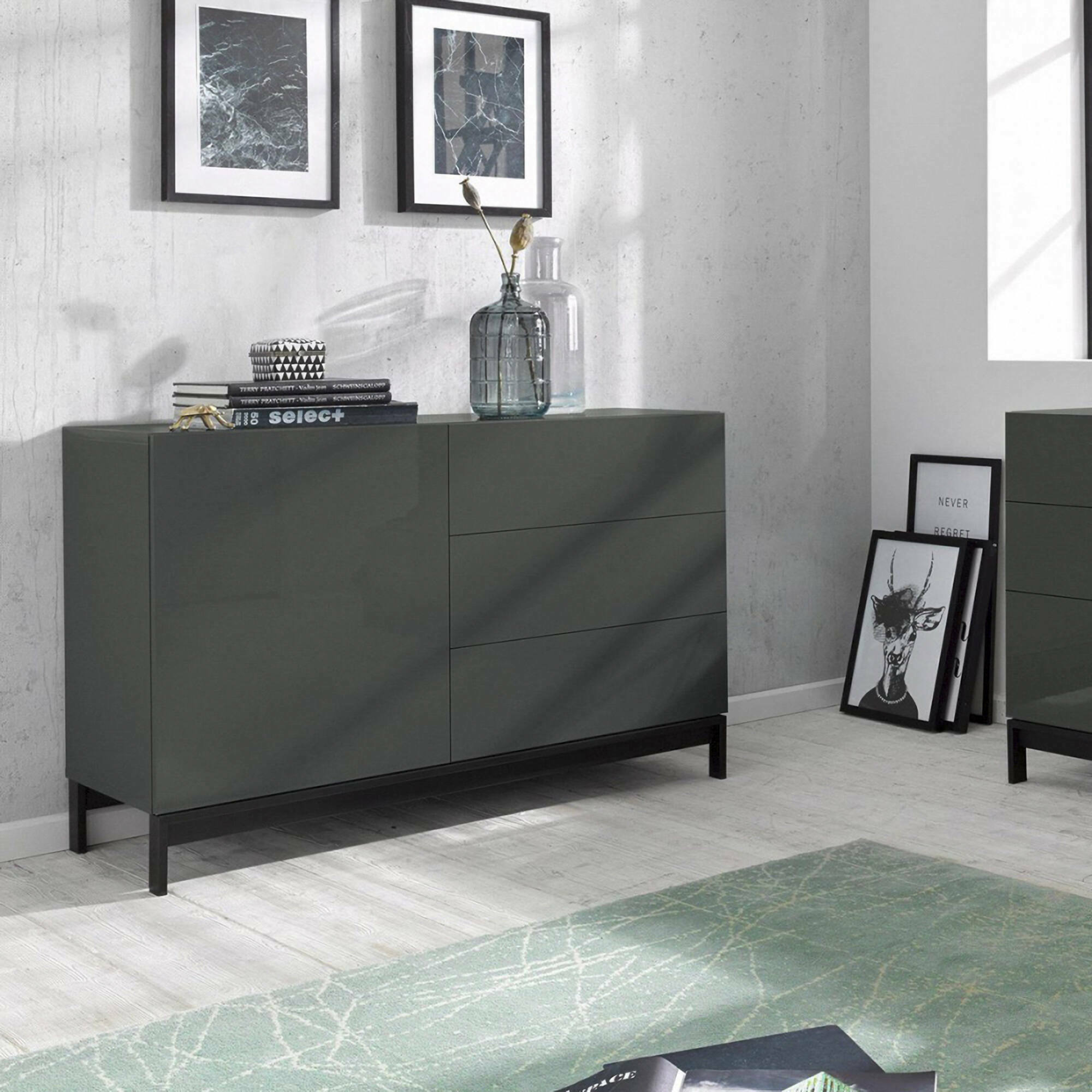 Credenza moderna a 1 anta e 3 cassetti, Made in Italy, Madia da cucina, Buffet di design da soggiorno, con piedini, cm 110x40h47, colore Antracite lucido