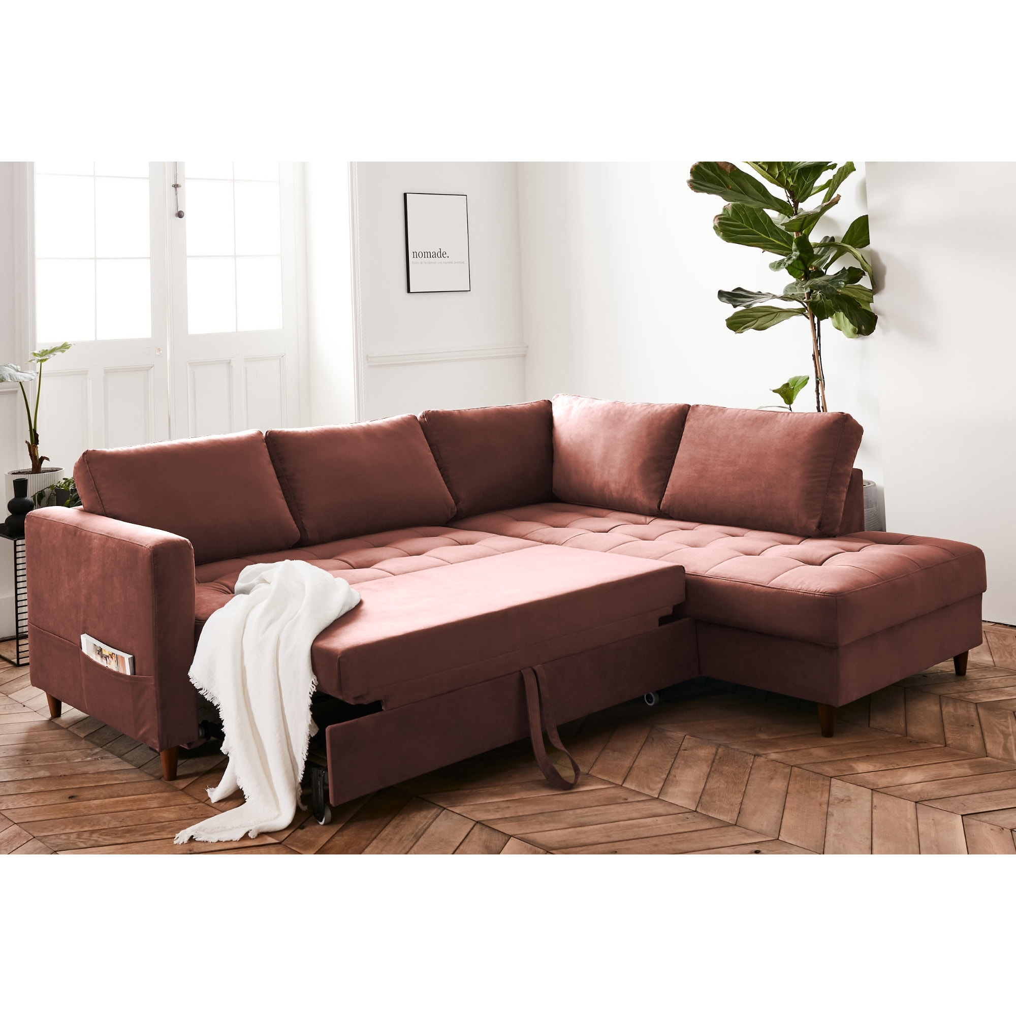Anna - canapé d'angle droit - 5 places - convertible - en velours - Rose