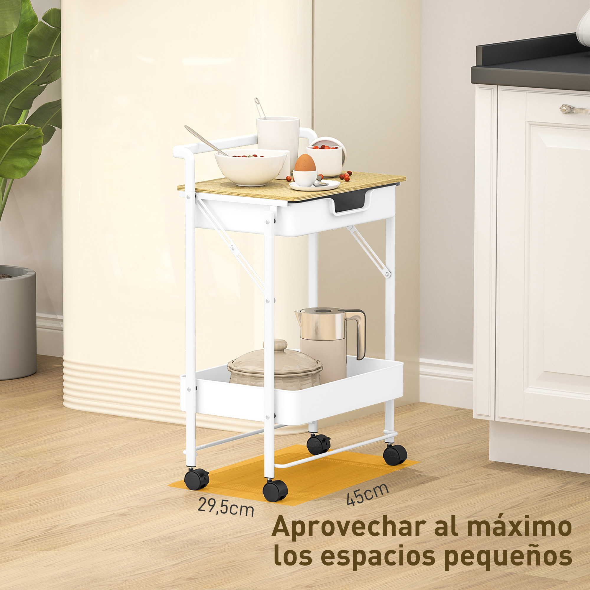 Carrito Auxiliar con Ruedas de 2 Niveles Carro de Cocina Estrecho con 1 Cajón y 1 Cesta Carrito Organizador para Dormitorio Salón Oficina Blanco