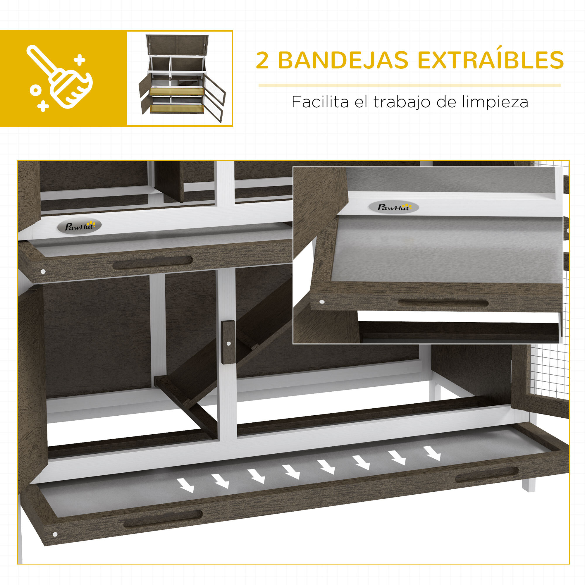 Conejera de Madera Jaula para Conejos de 2 Pisos 97x44x91 cm con Techo Asfáltico Puertas con Pestillo Bandejas Extraíbles y Rampa para 2 Conejos Marrón