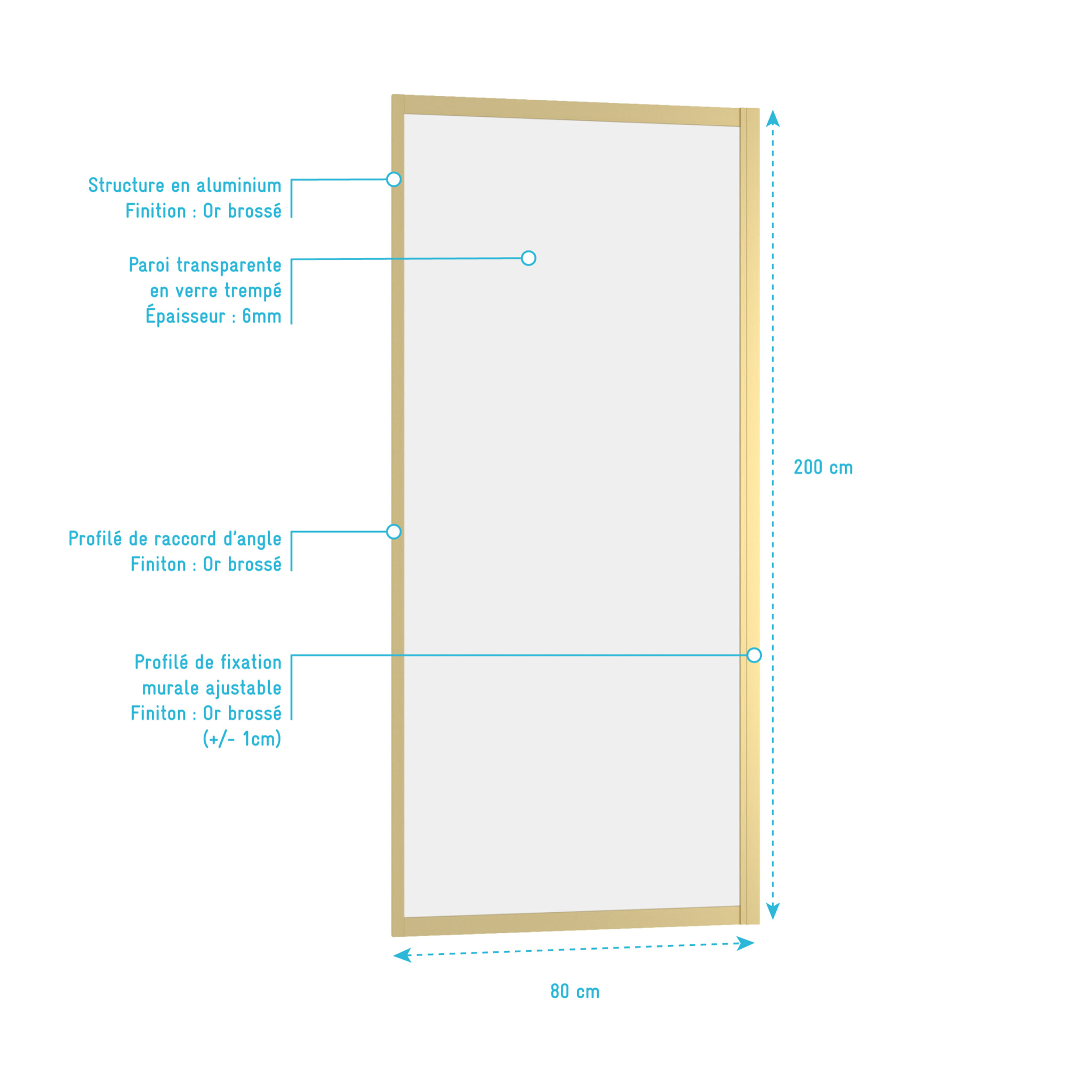 Paroi de retour 80x200cm - Profilés Or Doré Brossé - Verre Trempé 6mm - GOLDY CRUSH