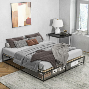 Marco de Cama de Acero Altura 25 cm Estructura de Cama para Colchón 180x200 cm Somier de Listones de Madera para 1-2 Personas Estilo Moderno Negro