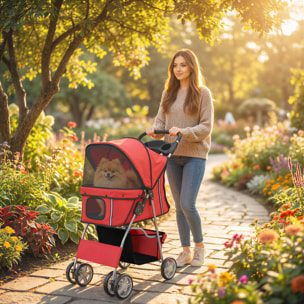 Carrito para Perros Plegable, Cochecito para Perros Pequeños con Cesta de Almacenaje, Ventanas de Malla, Portavasos, Ruedas de EVA, Cojín Lavable, Frenos, Carga 10 kg, 77x44x102 cm, Rojo