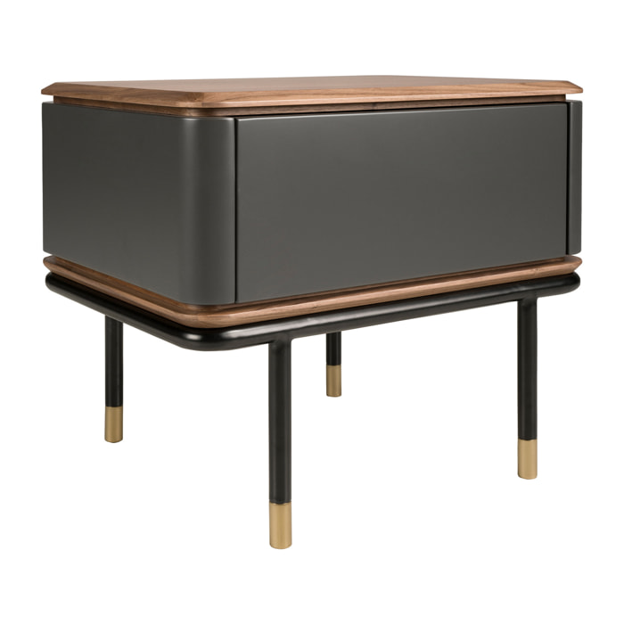 Mesita de noche Angel Cerdá de madera de MDF en gris oscuro en mate y patas de acero inoxidable en negro tapa de madera chapada en nogal 60x45x50cm