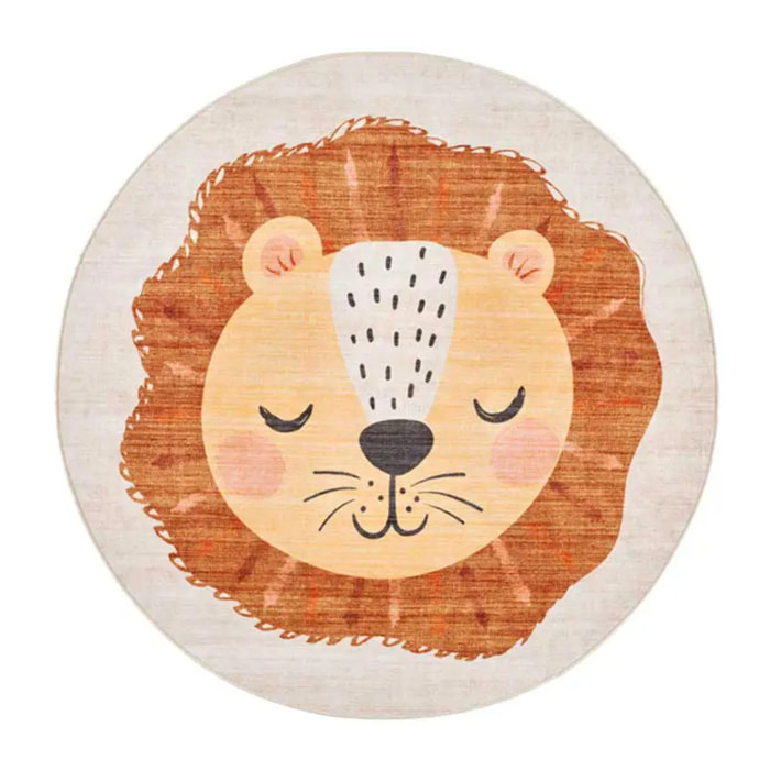 CANDY Alfombra redonda infantil lavable con león caldera, 120Ø cm