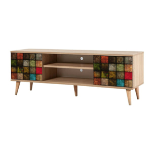 Mobile porta TV Dfantacc, Credenza da soggiorno, Armadio basso per TV, Base parete attrezzata, 140x40h50 cm, Quercia e Multicolore