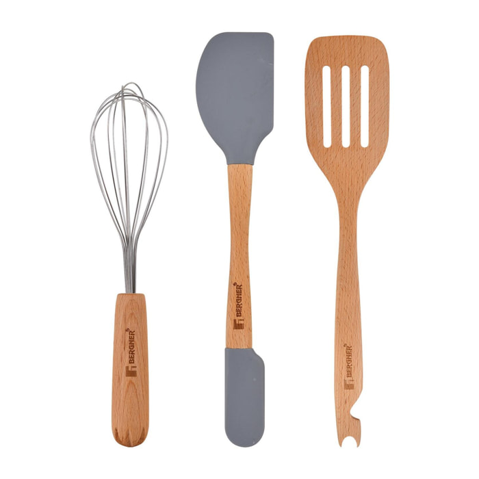 Juego de 3 Utensilios 2 en 1 de cocina Multifunción GENIUS en madera y silicona Bergner.