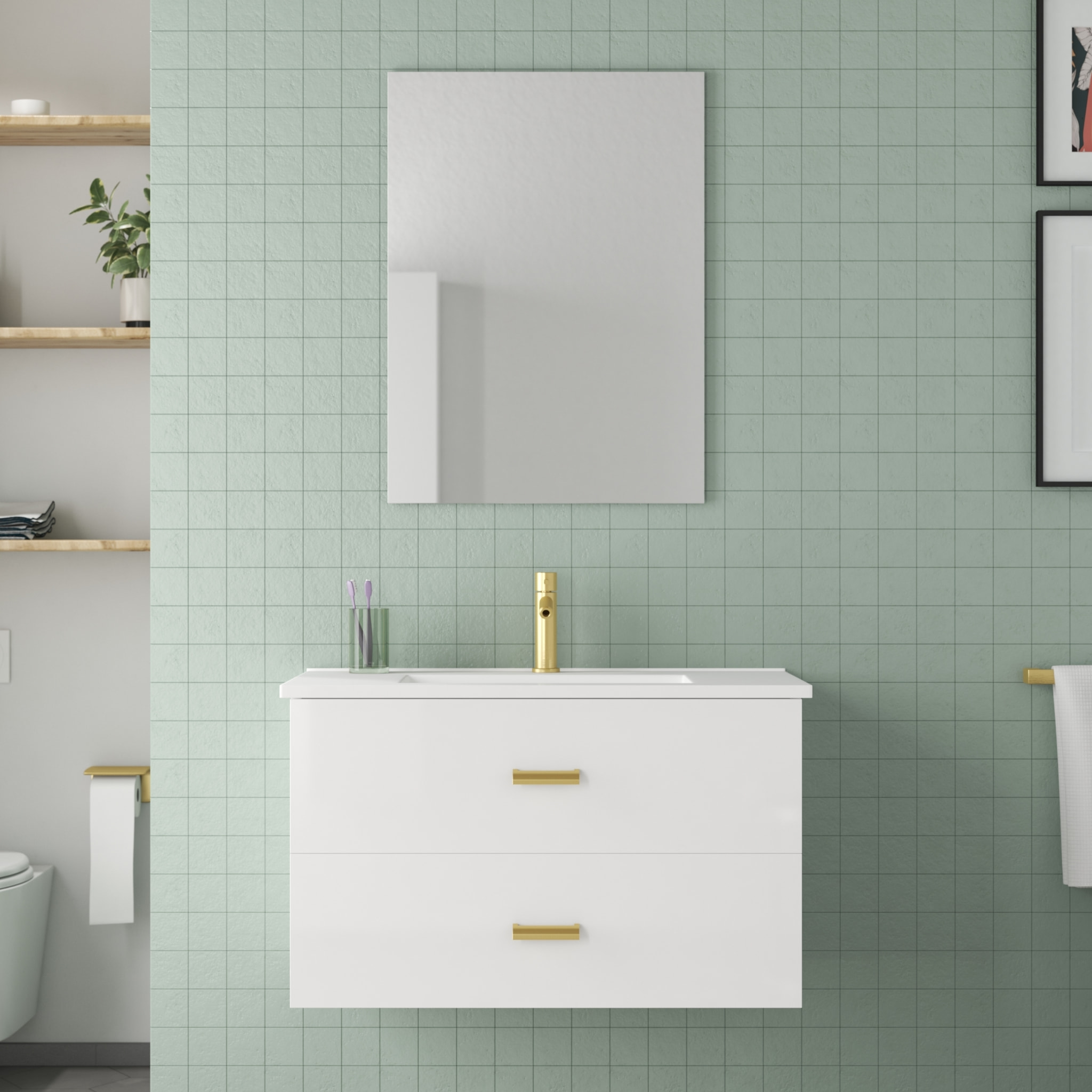 Meuble Salle de Bains 80 cm Laqué Blanc et Or Doré à Tiroirs avec Vasque Céramique et Miroir