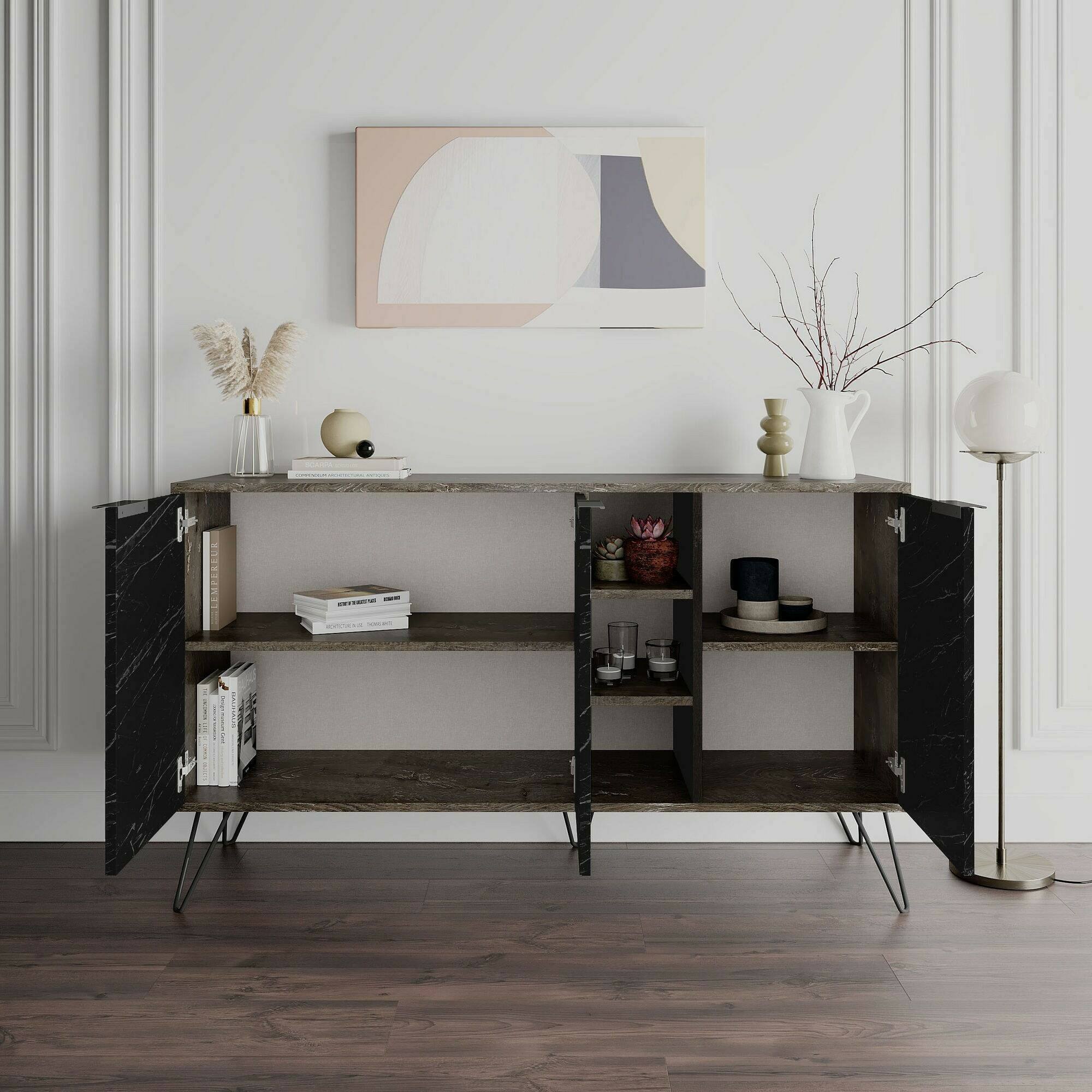 Credenza Dpenz, Buffet da soggiorno, Madia da salotto, Dispensa da cucina, 142x36h83 cm, Ossido e Nero Marmo