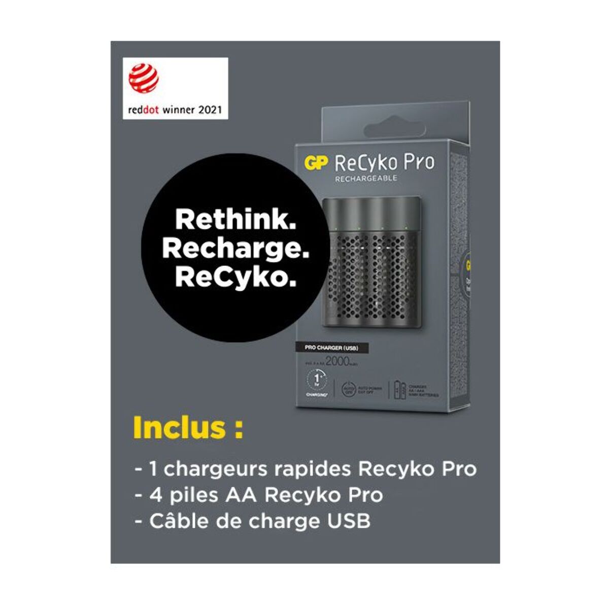 Chargeur secteur GP Recyko pro P461 1h + 4 accu AA 2000mAh