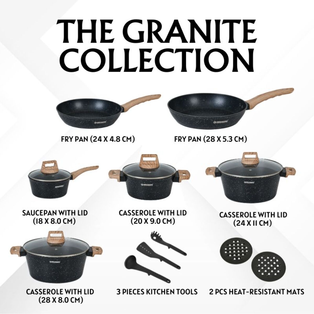 Batterie de cuisine 15 pièces avec revêtement en granit et manche en bois Noir Herzberg HGWDMRB15-BLK