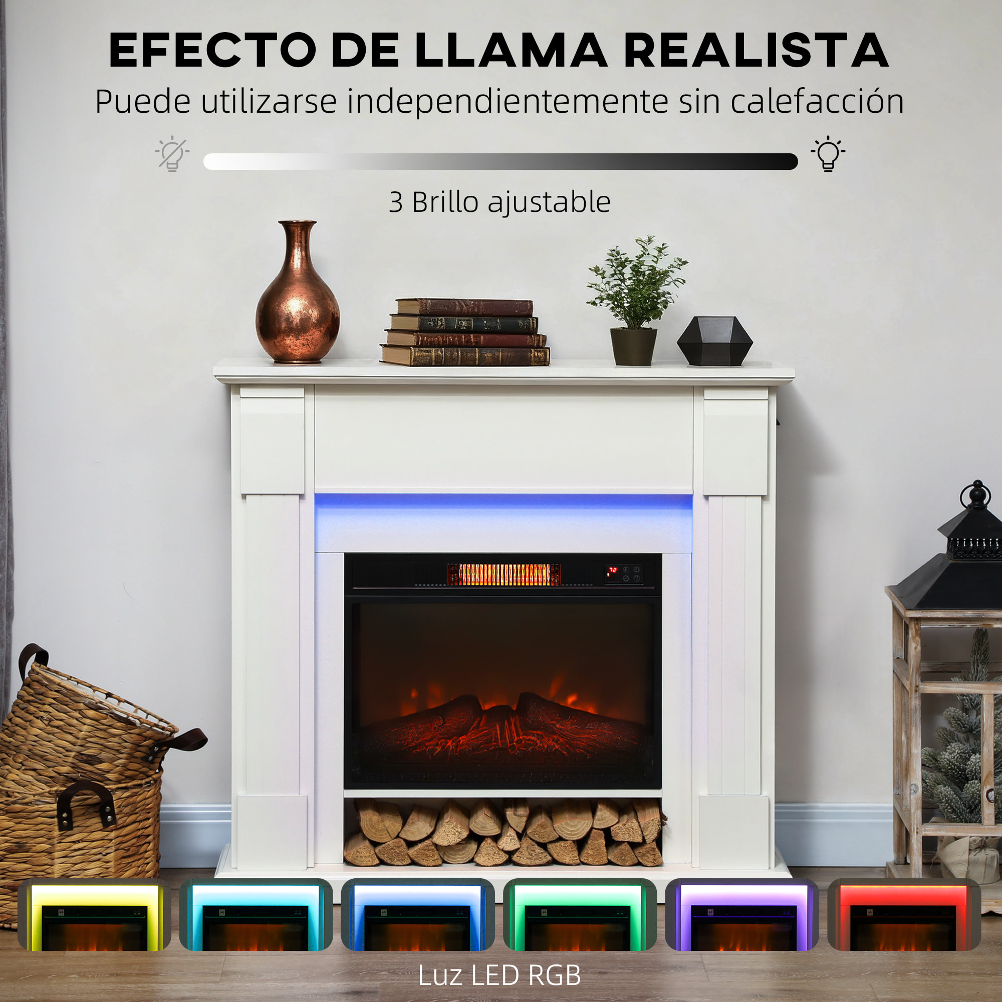 Chimenea Eléctrica Empotrable con Efecto de Llama 3D, Tira de Luz LED RGB, Chimenea Decorativa, 1800W, Temporizador, Termostato Digital, Mando a Distancia, para 30 ㎡, Blanco