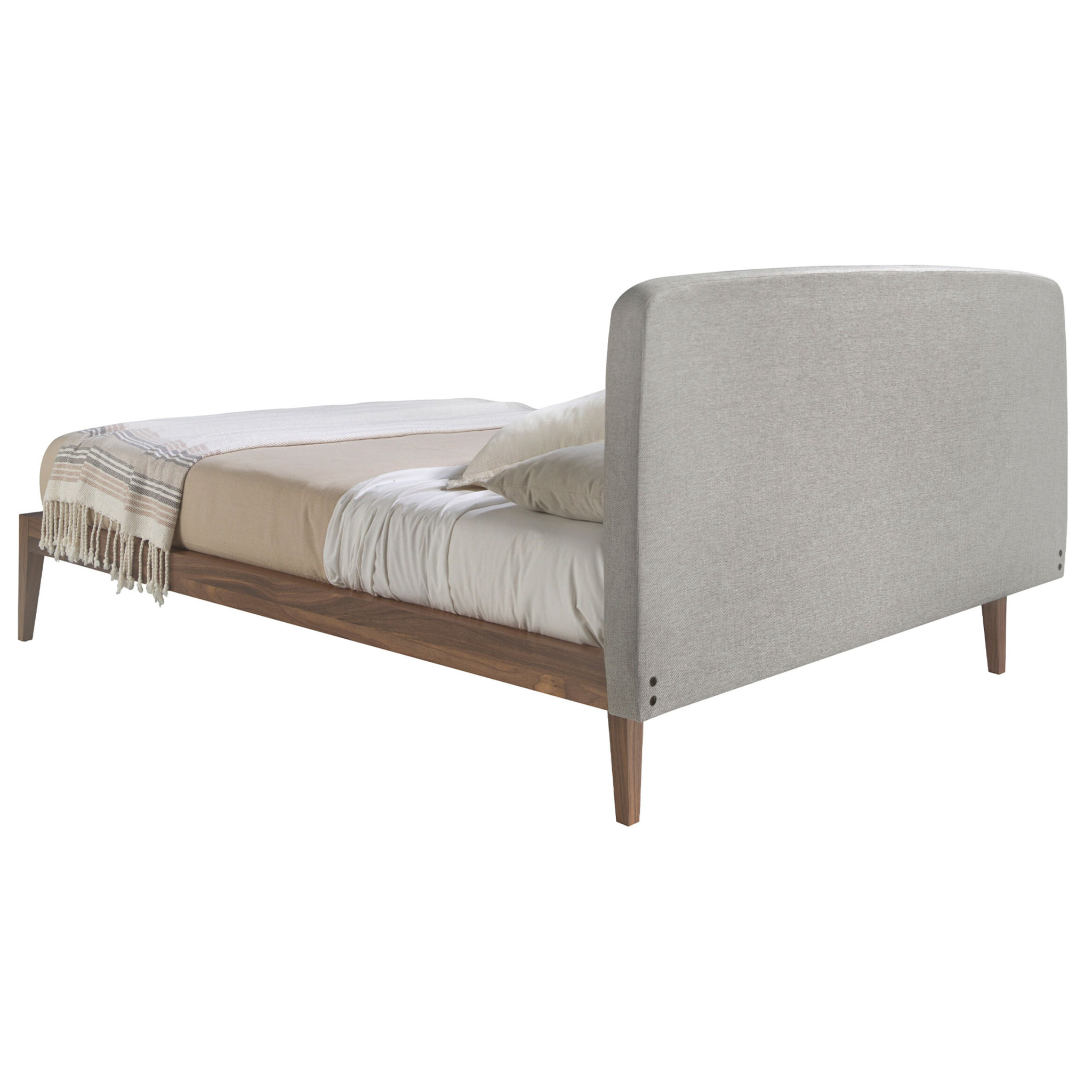 Cama Angel Cerdá capitoné de matrimonio con un cabecero en tela en gris y de madera chapada en nogal natural 172x217x98cm