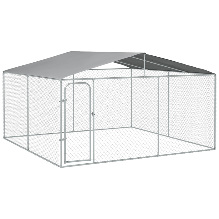 Perrera de Exterior con Toldo Anti-UV Impermeable Parque para Perros con Puerta con Pestillo y Marco de Metal Galvanizado para Patio Jardín Terraza 4x4x2,3 m Plata