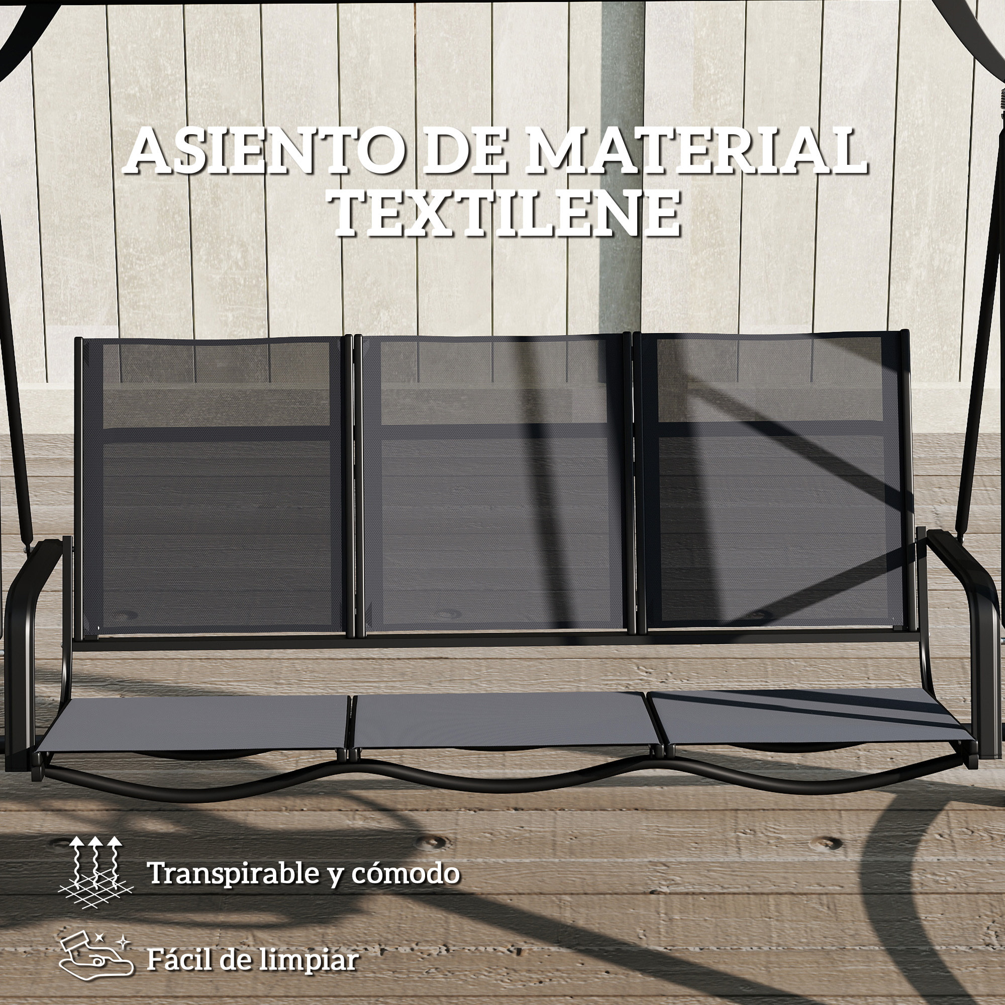 Columpio de Jardín de 3 Plazas, Balancín de Jardín Exterior con Techo Ajustable, UPF50+, Asiento Transpirable y Marco de Metal, para Patio, Terraza, Carga 360 kg, 188x130x183 cm, Gris