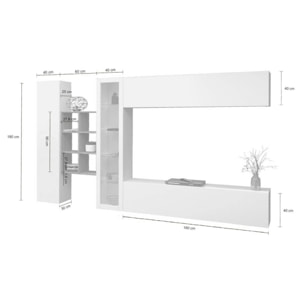 Parete attrezzata Dino, Set salotto porta TV a 4 ante, Mobile soggiorno multiuso con vetrina e luce LED, 100% Made in Italy, cm 280x30h180, Bianco lucido e Acero