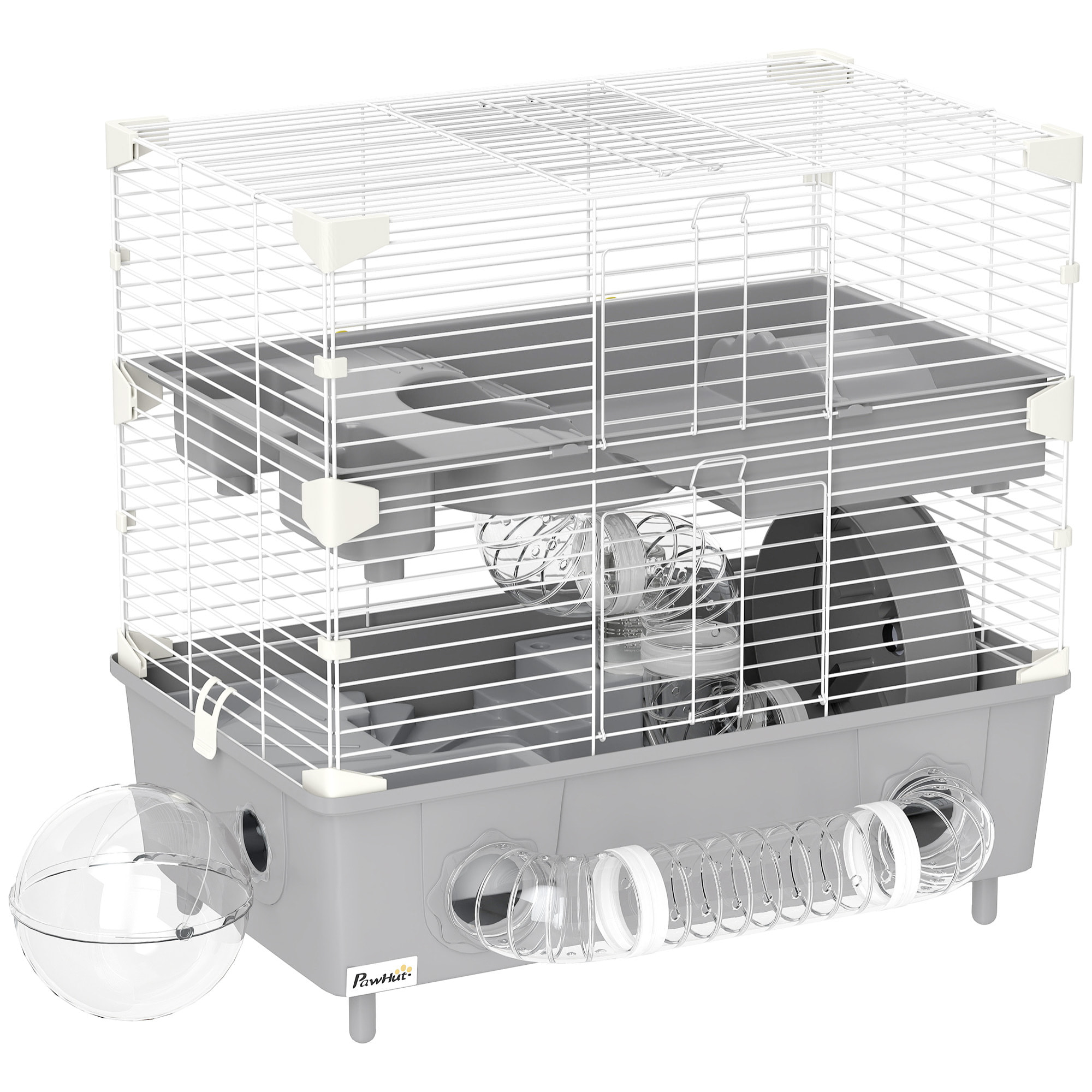 Cage pour hamster 2 niveaux roue sphère bac à sable tuyaux biberon eau dim. 44,5 x 28 x 44 cm blanc gris