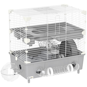 Cage pour hamster 2 niveaux roue sphère bac à sable tuyaux biberon eau dim. 44,5 x 28 x 44 cm blanc gris