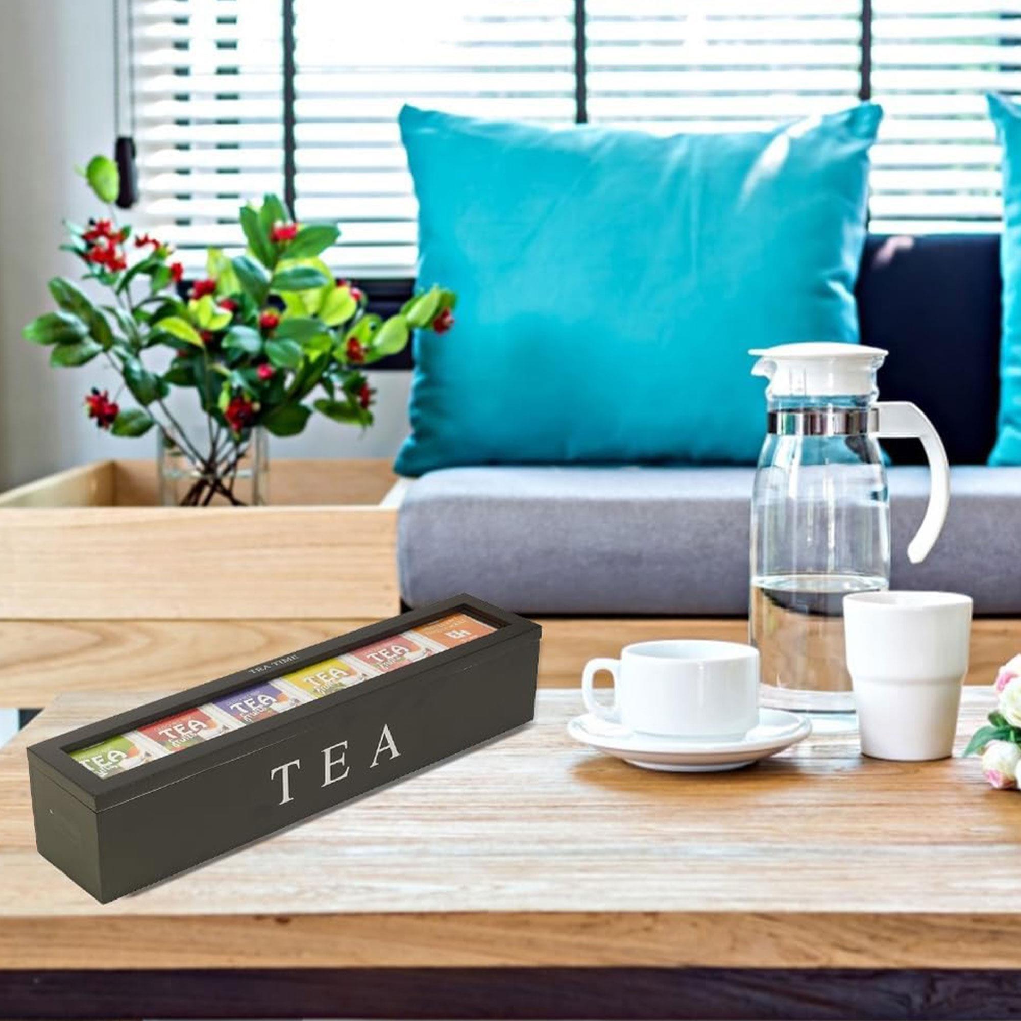 caja de té en mdf con 6 compartimentos color negro