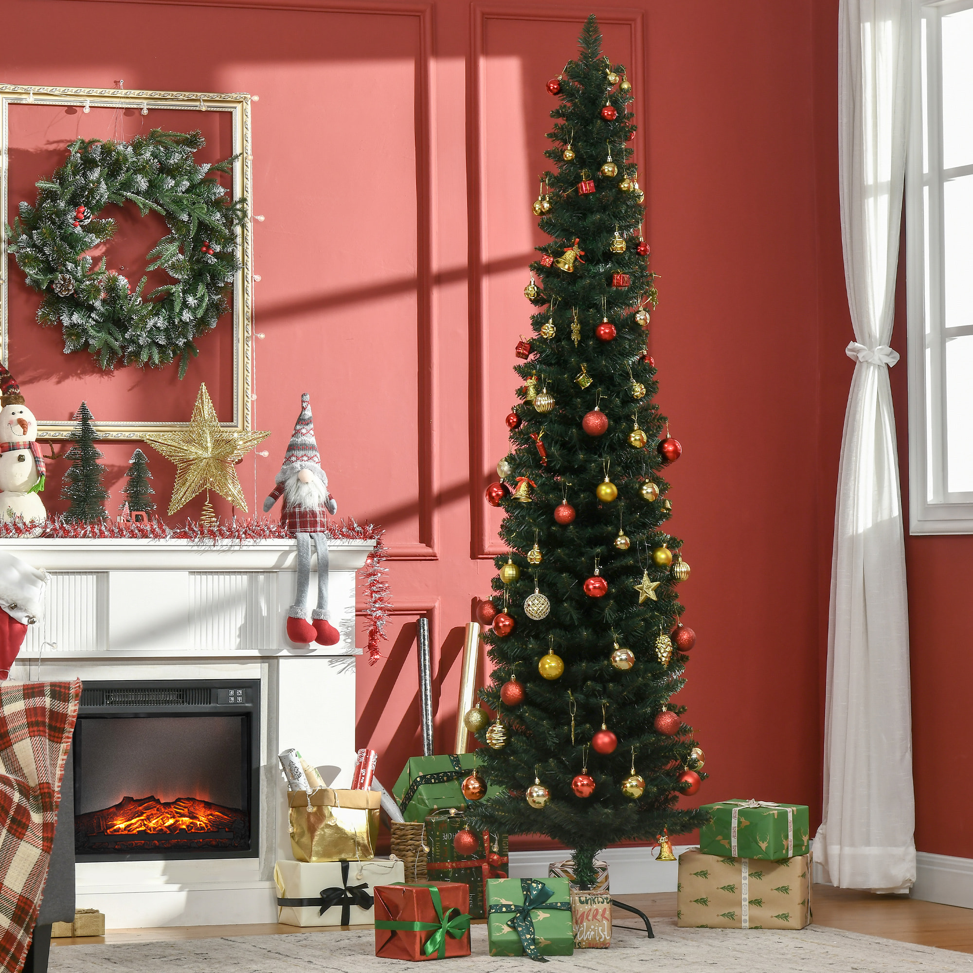 Árbol de Navidad Estrecho 210 cm, Árbol de Navidad Artificial con 510 Ramas, Base Plegable y Soporte Metálico, Fácil Montaje, para Salón, Interior, Verde