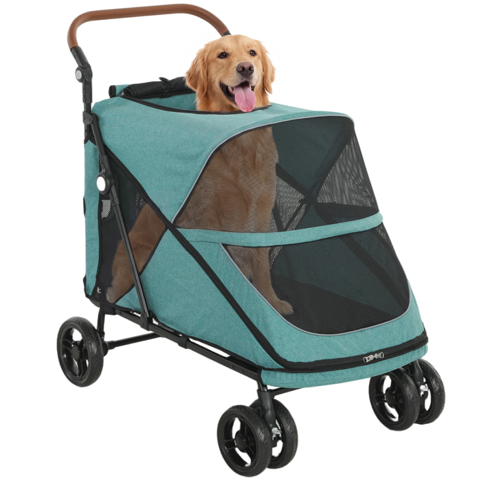 Carrito para Perros y Gatos Grande Plegable con un Botón hasta 30 kg, Cochecito para Perros Medianos y Grandes, Suspensión 4 Ruedas, Giratorio, Freno de Pie, Cojín Lavable, Turquesa