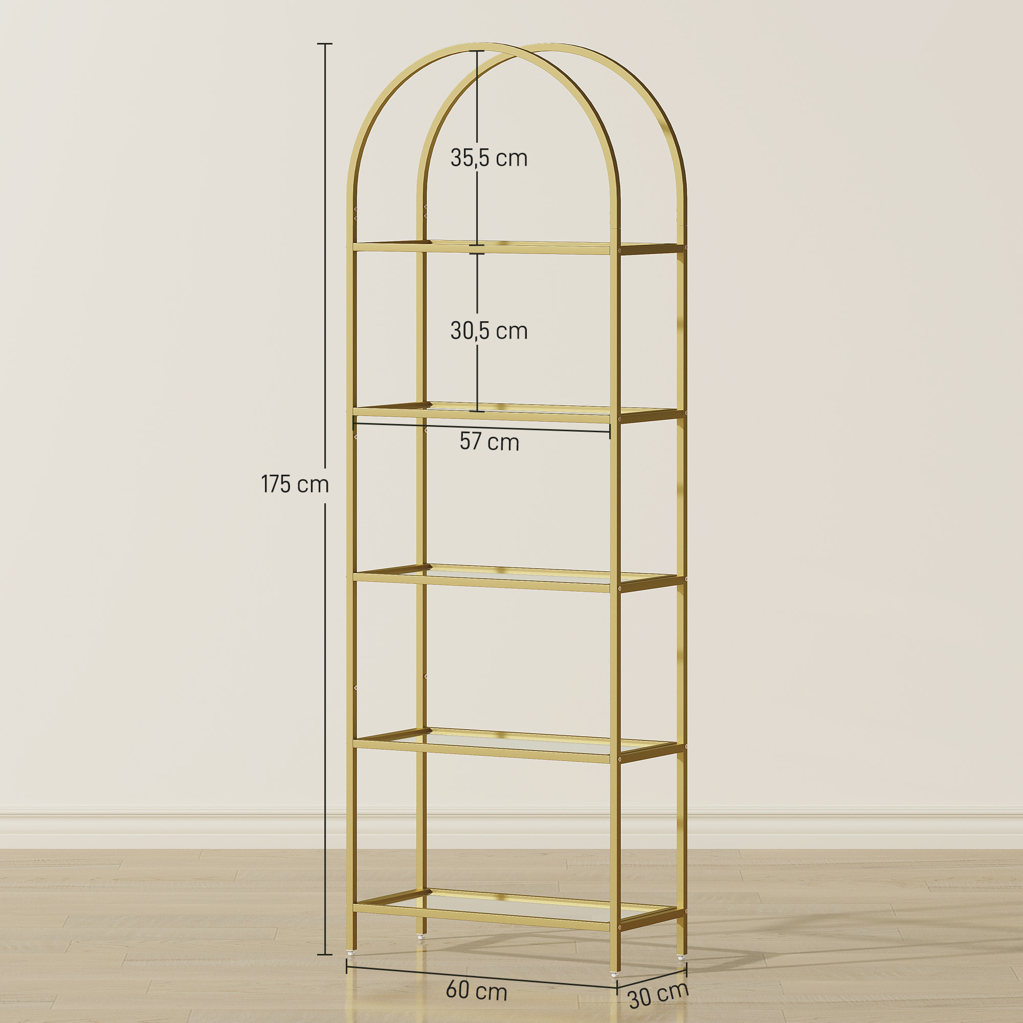 Bibliothèque design art déco structure métal doré étagères verre trempé dim. 60 x 30 x 175 cm