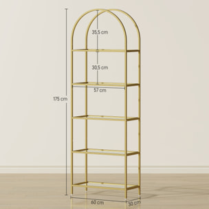 Bibliothèque design art déco structure métal doré étagères verre trempé dim. 60 x 30 x 175 cm