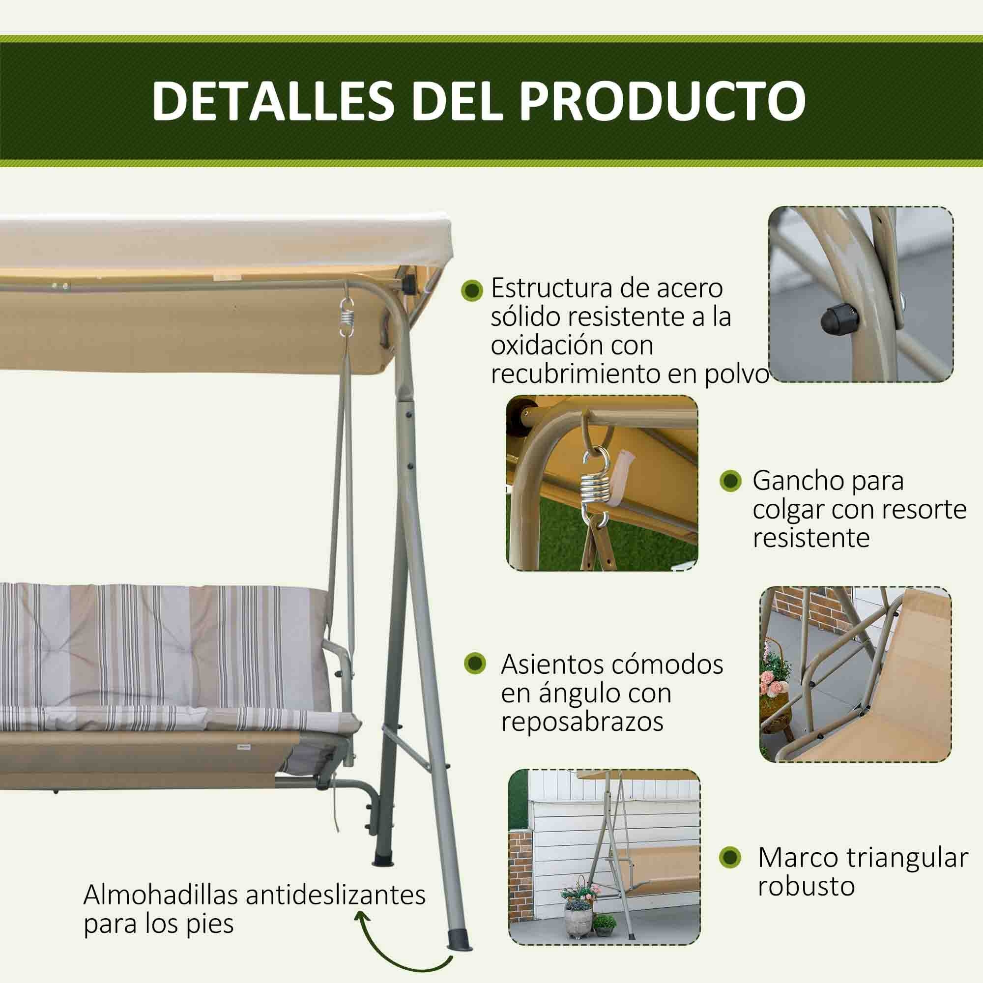 Columpio de Jardín Exterior de 3 Plazas, Balancín de Jardín Exterior con Techo Ajustable y Marco de Acero, para Balcón, Terraza, Patio, Carga 210 kg, 172x110x156 cm, Marrón Claro