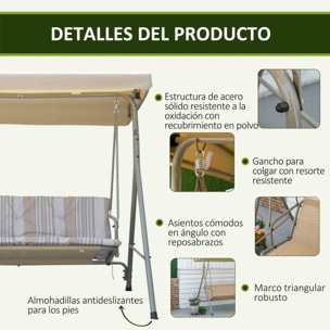 Columpio de Jardín Exterior de 3 Plazas, Balancín de Jardín Exterior con Techo Ajustable y Marco de Acero, para Balcón, Terraza, Patio, Carga 210 kg, 172x110x156 cm, Marrón Claro