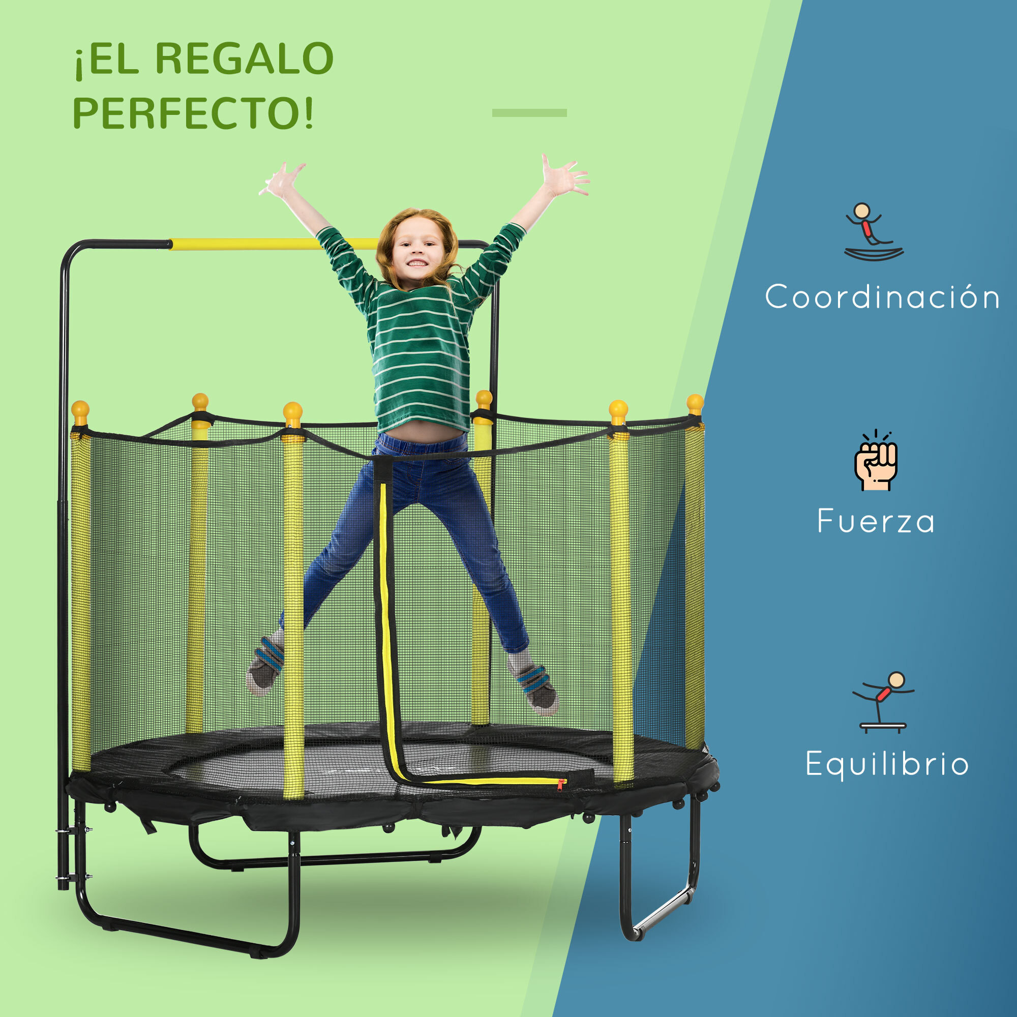 Cama Elástica Infantil Ø110 cm Trampolín para Niños con Red de Seguridad y 3 Patas de Acero en Forma de U Carga 50 kg para Interior Negro