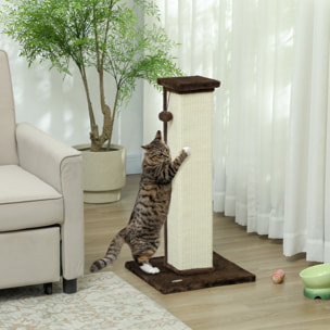 Griffoir tour pour chat H.81 cm - poteau à griffer avec jeu balle suspendue - peluche marron sisal naturel