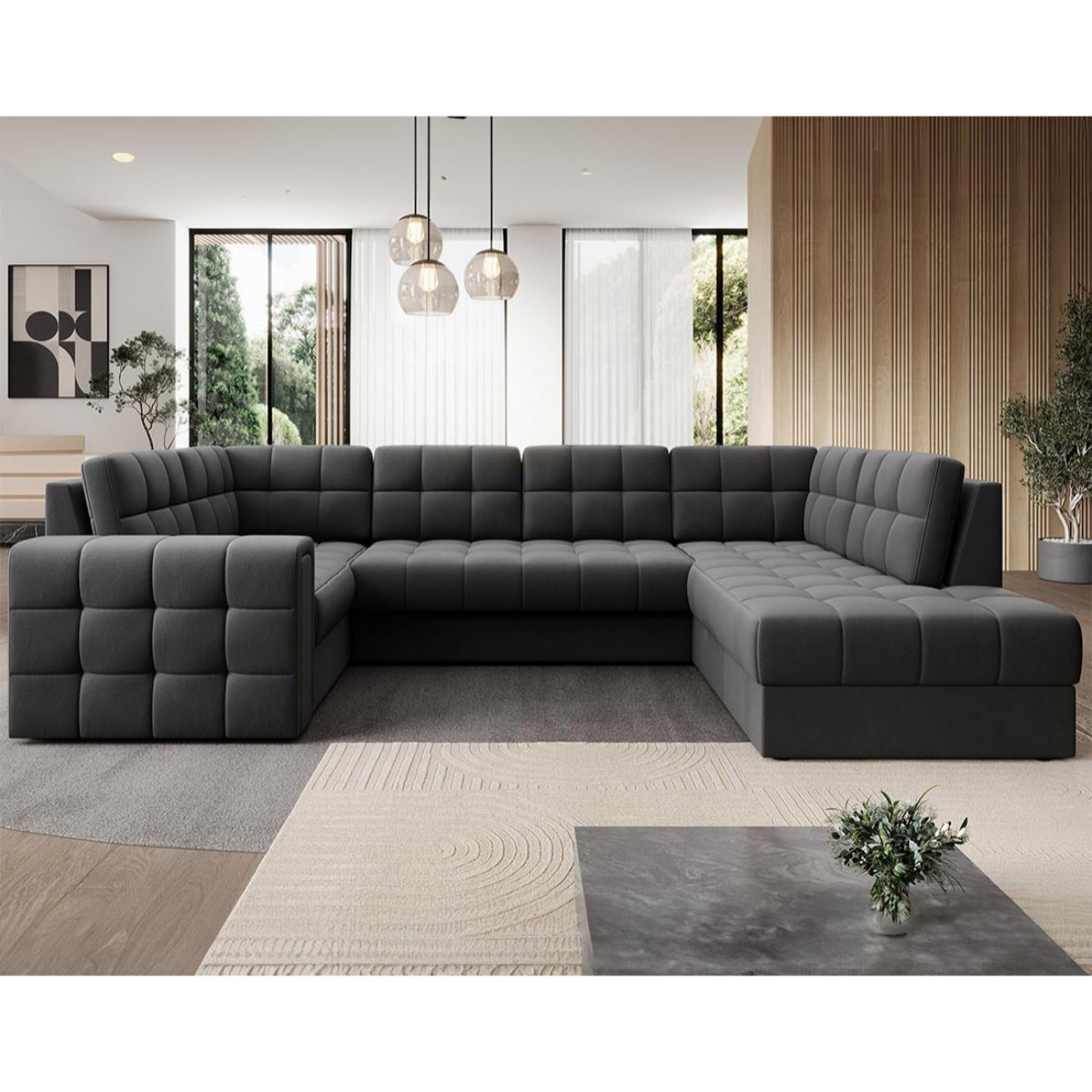 Nappa - Canapé panoramique d'angle gauche 7 places convertible avec coffre en velours - Gris