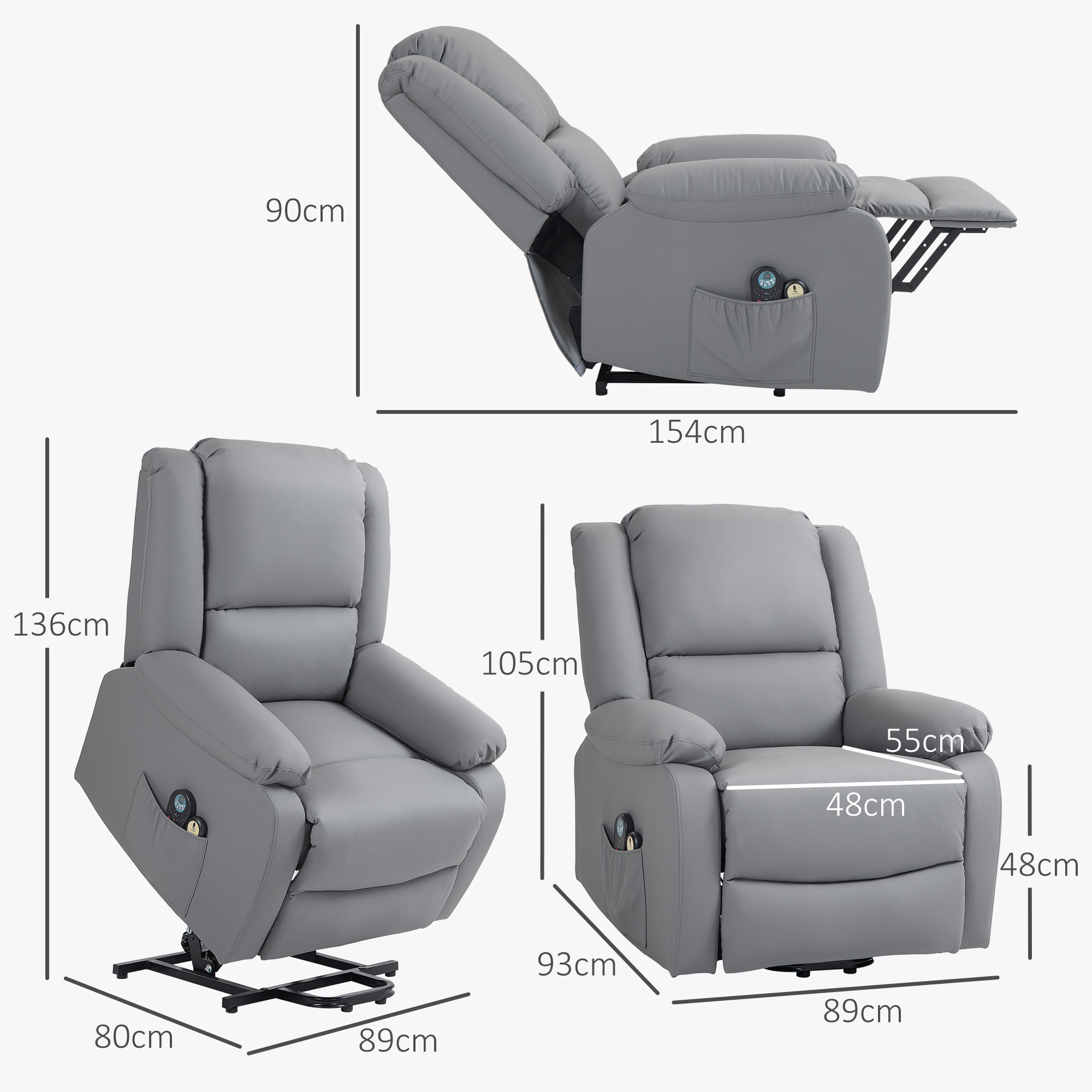 Sillón Relax Levanta Personas Eléctrico Sillón Elevador con 8 Punto de Masaje Sillón Eléctrico Reclinable con Función de Calentamiento 2 Controles Remotos y Bolsillo Lateral Gris