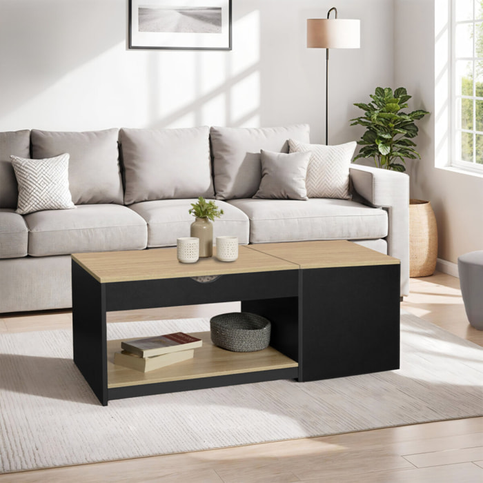 Table basse Elina avec double plateau relevable et coffre latéral L110cm - Bois - Noir