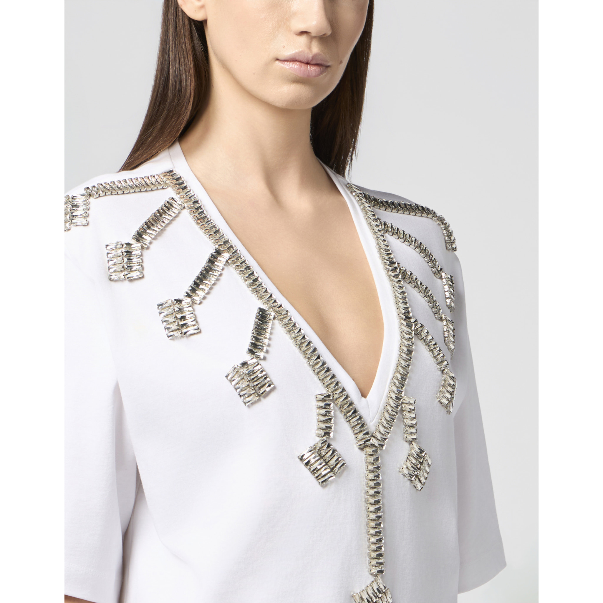 PHILIPP PLEIN V-Neck T-Shirt Dress Crystal Fringes