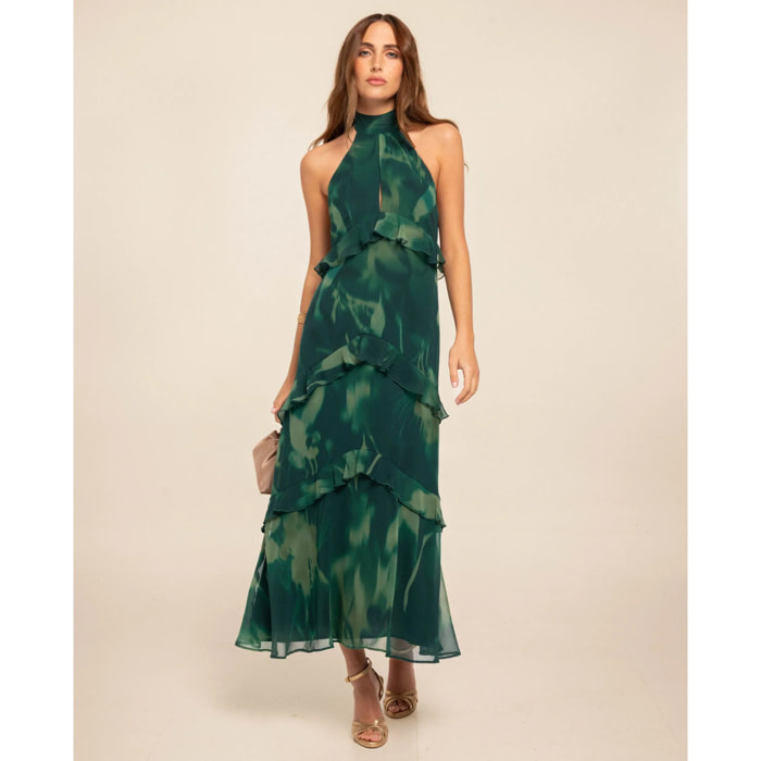 Vestido midi con escote halter y volantes