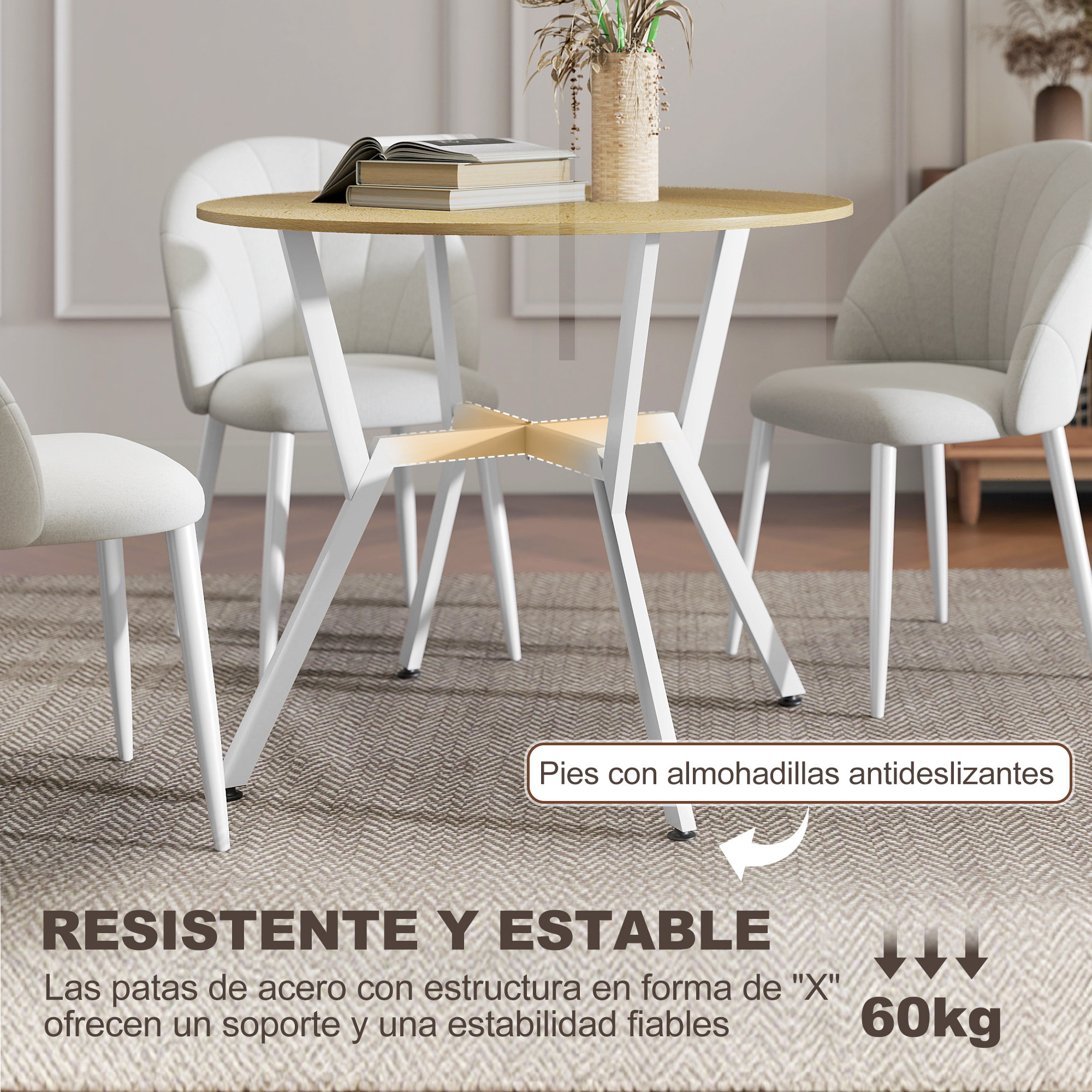 Mesa de Comedor Redonda para 2 Personas, Mesa de Cocina Industrial, Patas Curvadas de Acero, para Salón, 90x90x76 cm, Natural y Blanco