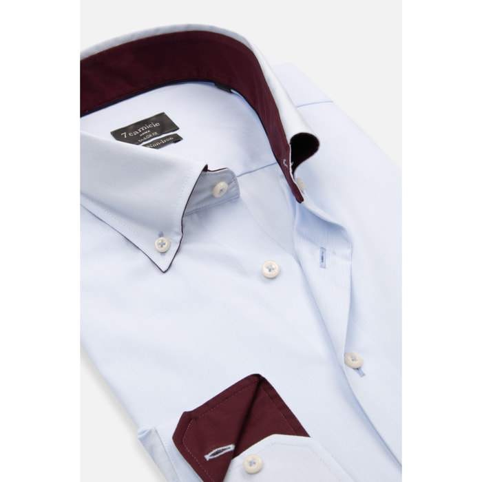 Camicia Uomo Botton Down Taylor Fit Popeline No Iron Riga Stretta Bianco/Celeste