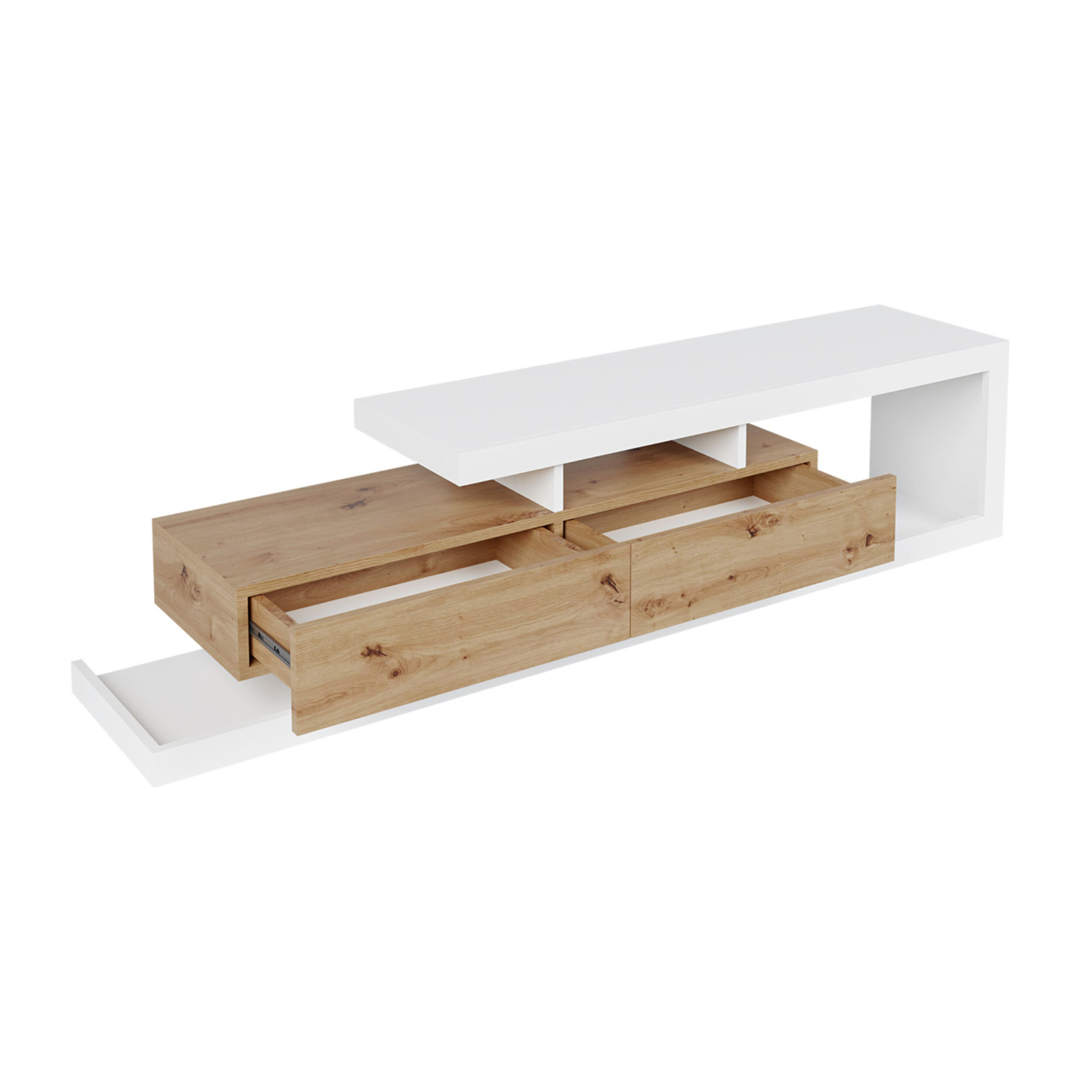 Olga - meuble TV - effet bois et blanc - 2 tiroirs - 198 cm - Bois / Blanc