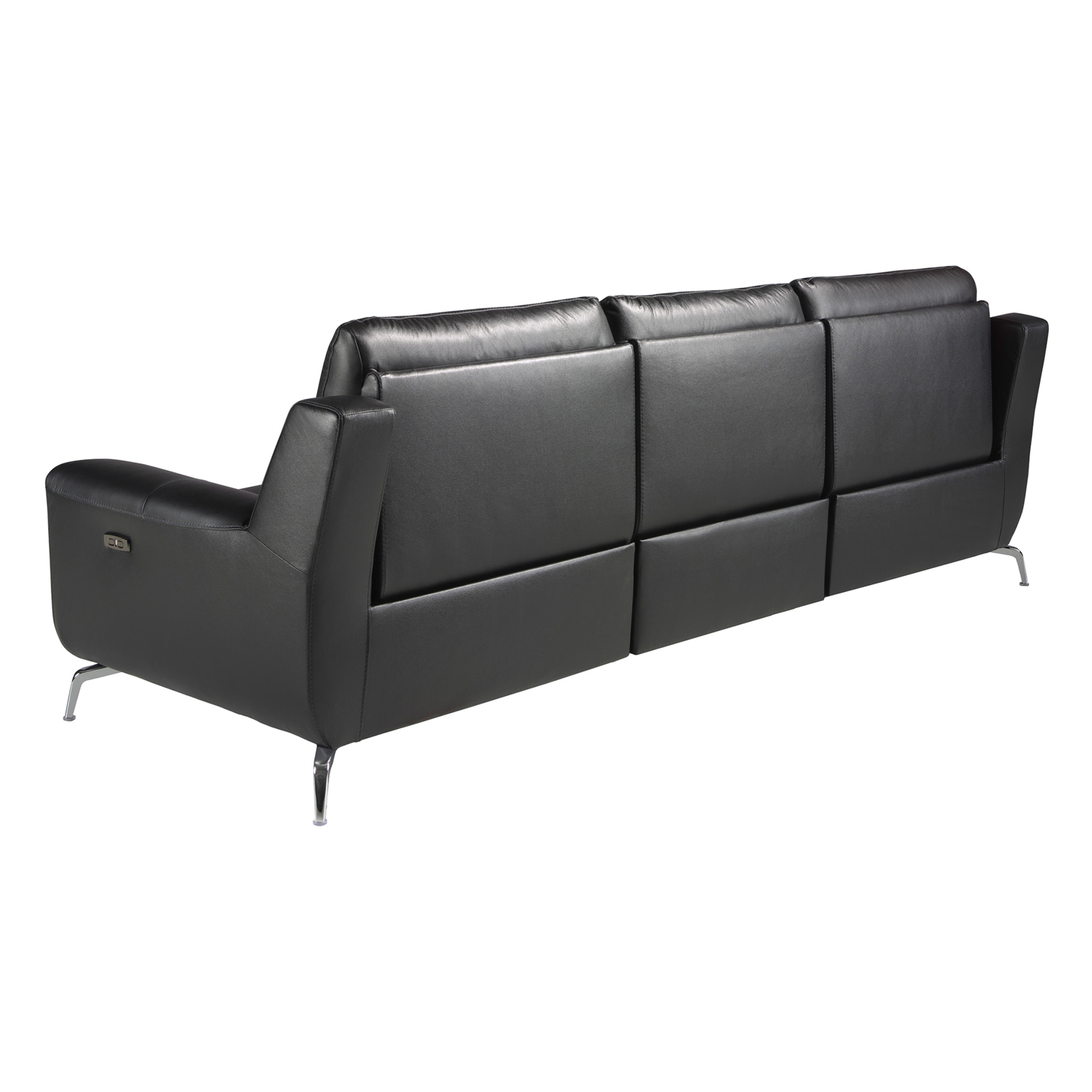 Sofá relax de 3 plazas tapizado en piel de origen vacuno en negro patas de acero inoxidable cromado 2 sistemas de relax eléctrico 264x93x92cm