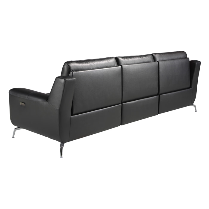 Sofá relax de 3 plazas tapizado en piel de origen vacuno en negro patas de acero inoxidable cromado 2 sistemas de relax eléctrico 264x93x92cm