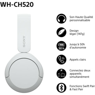 Casque SONY WH-CH520 Blanc - Bluetooth, Autonomie 50h, Charge rapide