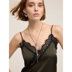 Motivi - Top asimmetrico in raso con pizzo - Verde militare