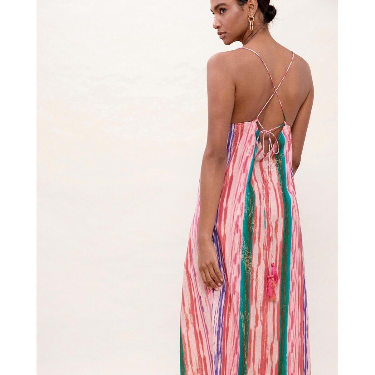 Abito lungo con spalline e strisce in lurex multicolore