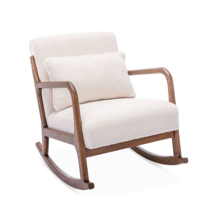 Fauteuil à bascule design en bois et tissu. bouclettes blanches. structure hévéa teinté noyer foncé