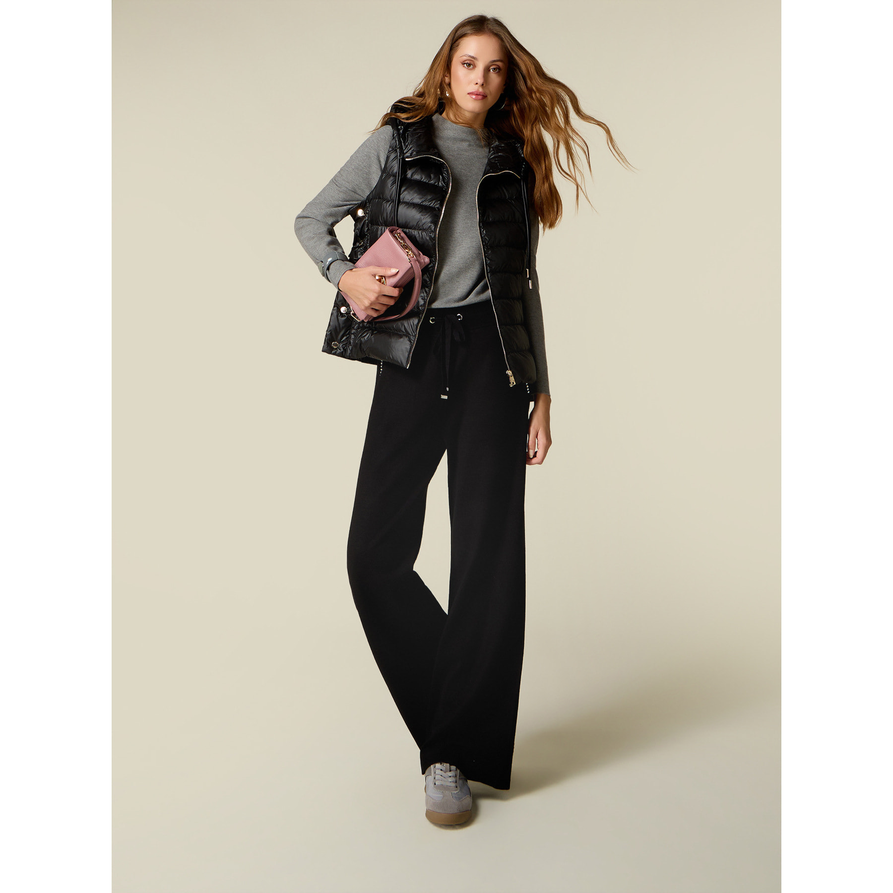 Oltre - Pantaloni palazzo in maglia con castoni - Nero