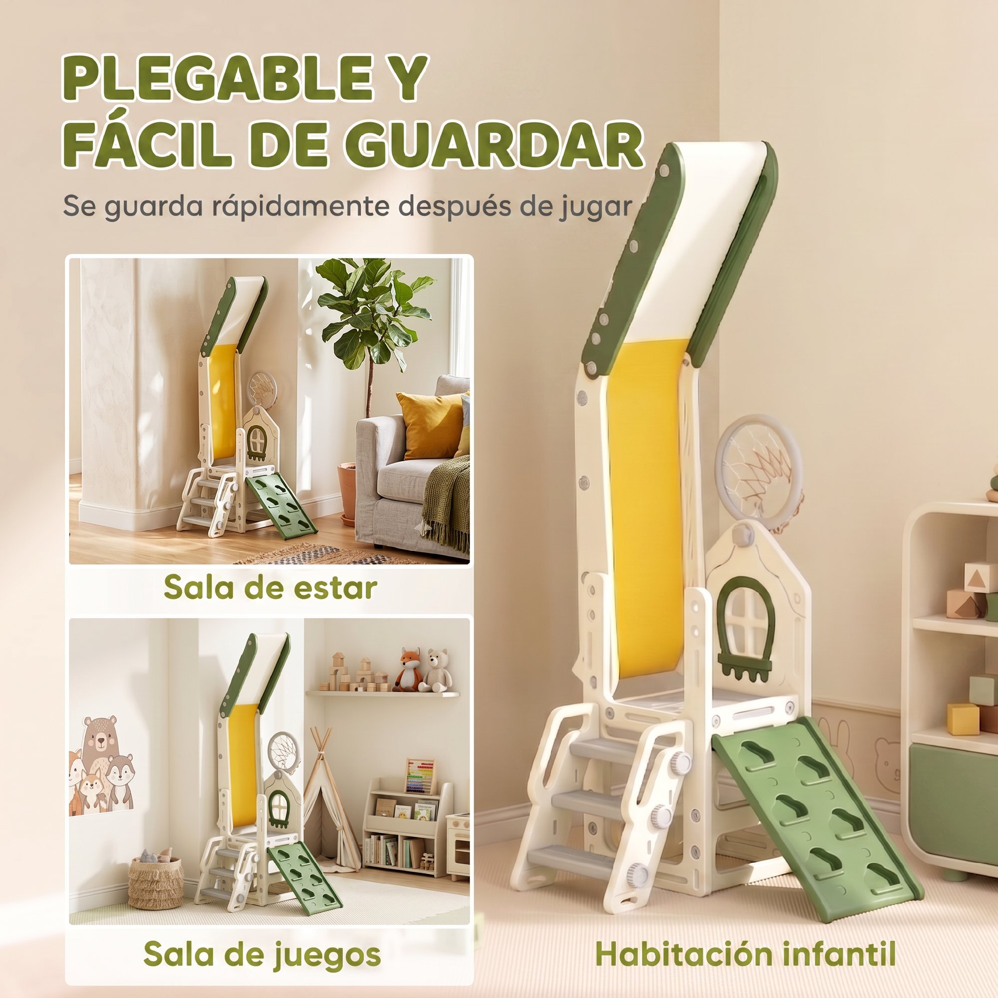 Tobogán Infantil Plegable 5 en 1, Tobogán para Niños con Escalador, Aro de Baloncesto, Pelota, Almacenamiento, Peldaños, Fácil de Montar y Limpiar, para Interior, para 1-3 Años, Blanco Crema
