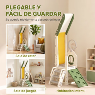 Tobogán Infantil Plegable 5 en 1, Tobogán para Niños con Escalador, Aro de Baloncesto, Pelota, Almacenamiento, Peldaños, Fácil de Montar y Limpiar, para Interior, para 1-3 Años, Blanco Crema