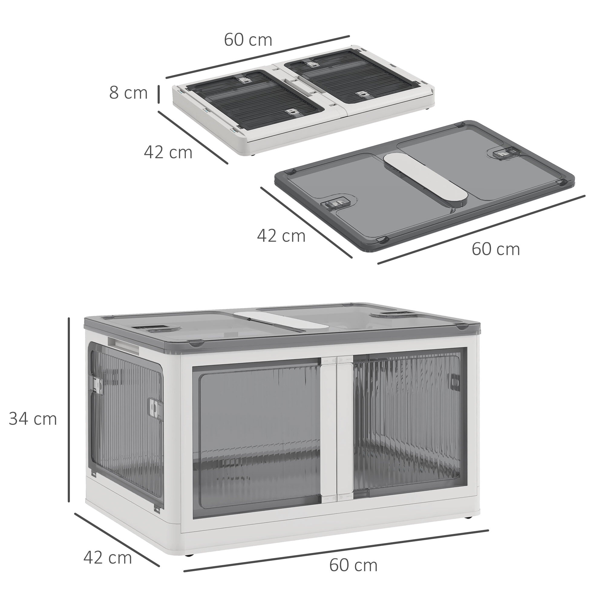Boîte de rangement plastique 69L pliable empilable couvercle 4 roulettes accès 5 côtés blanc gris